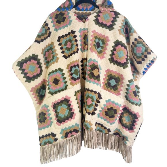 Hutch Rai Reversible Crochet Poncho Boho Granny Square Fringe Oversized M/L - Picture 5 of 14